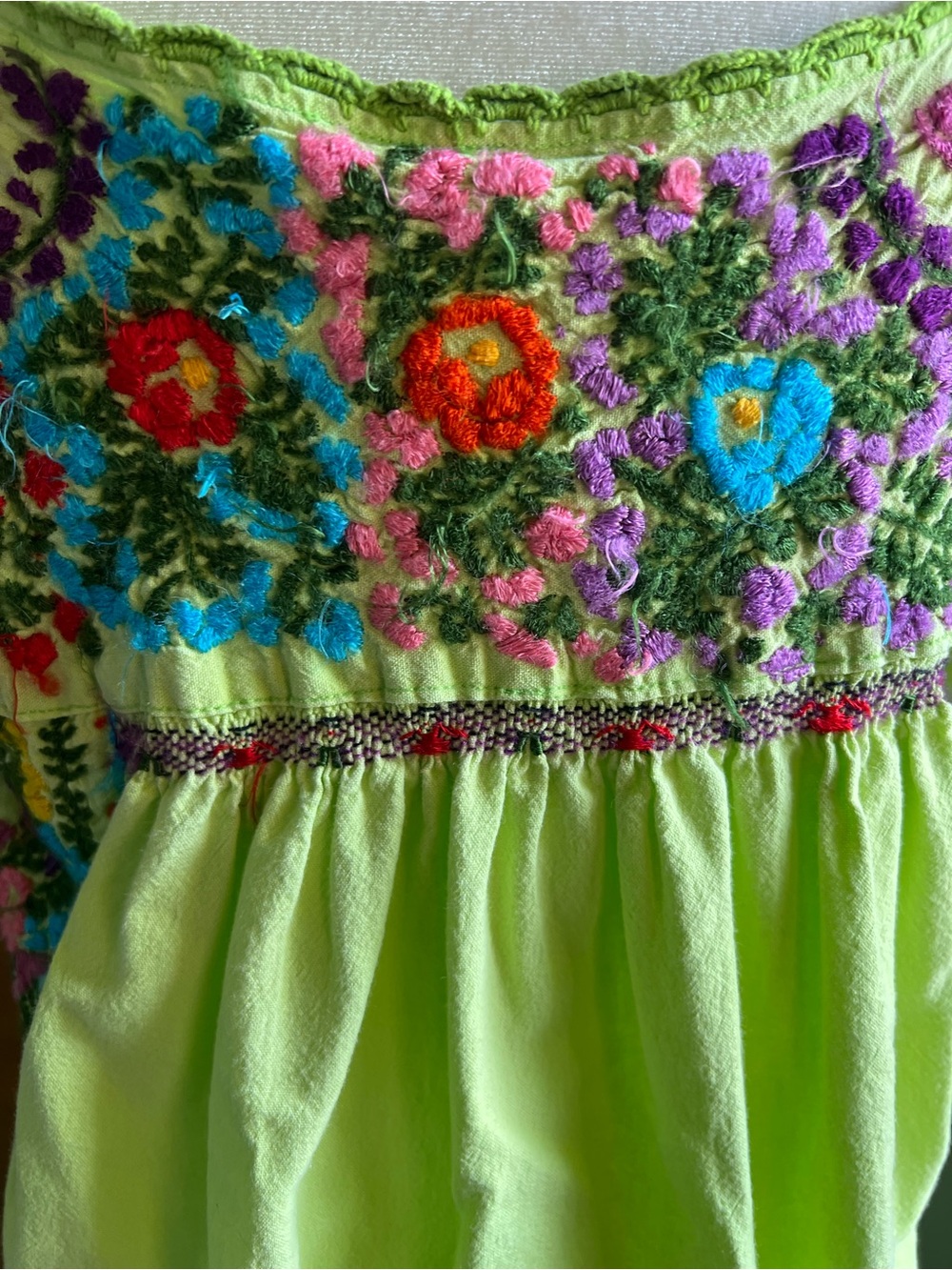 Hand-Embroidered Lime Green Midi Dress with Floral Yoke M Cottage Core Boho - Picture 5 of 11